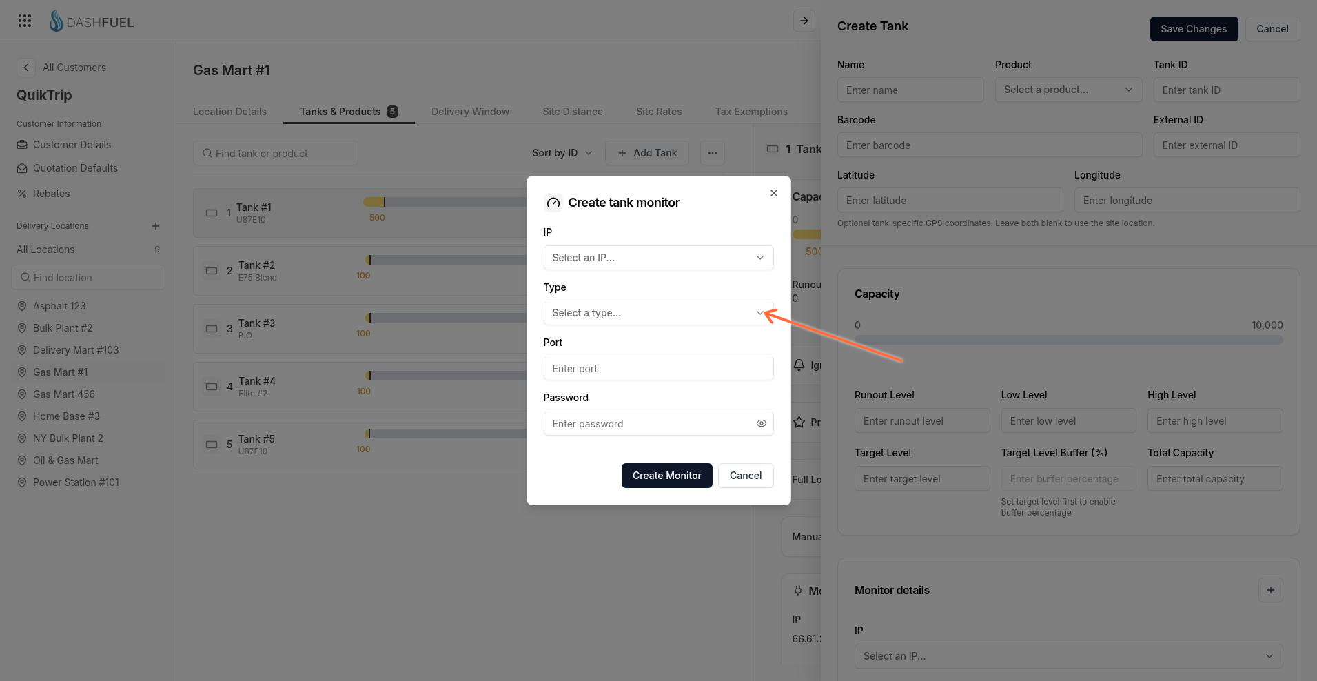 Create tank monitor dialog with IP, Type, Port, Password, Create Monitor, and Cancel