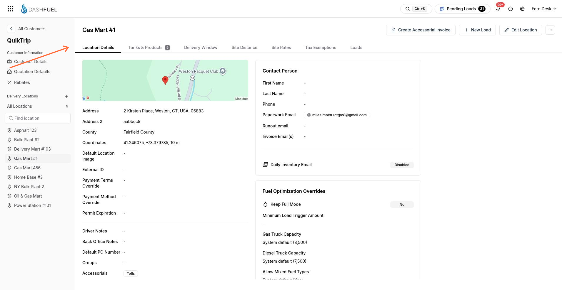 Location Details tab for Gas Mart #1 with Edit Location