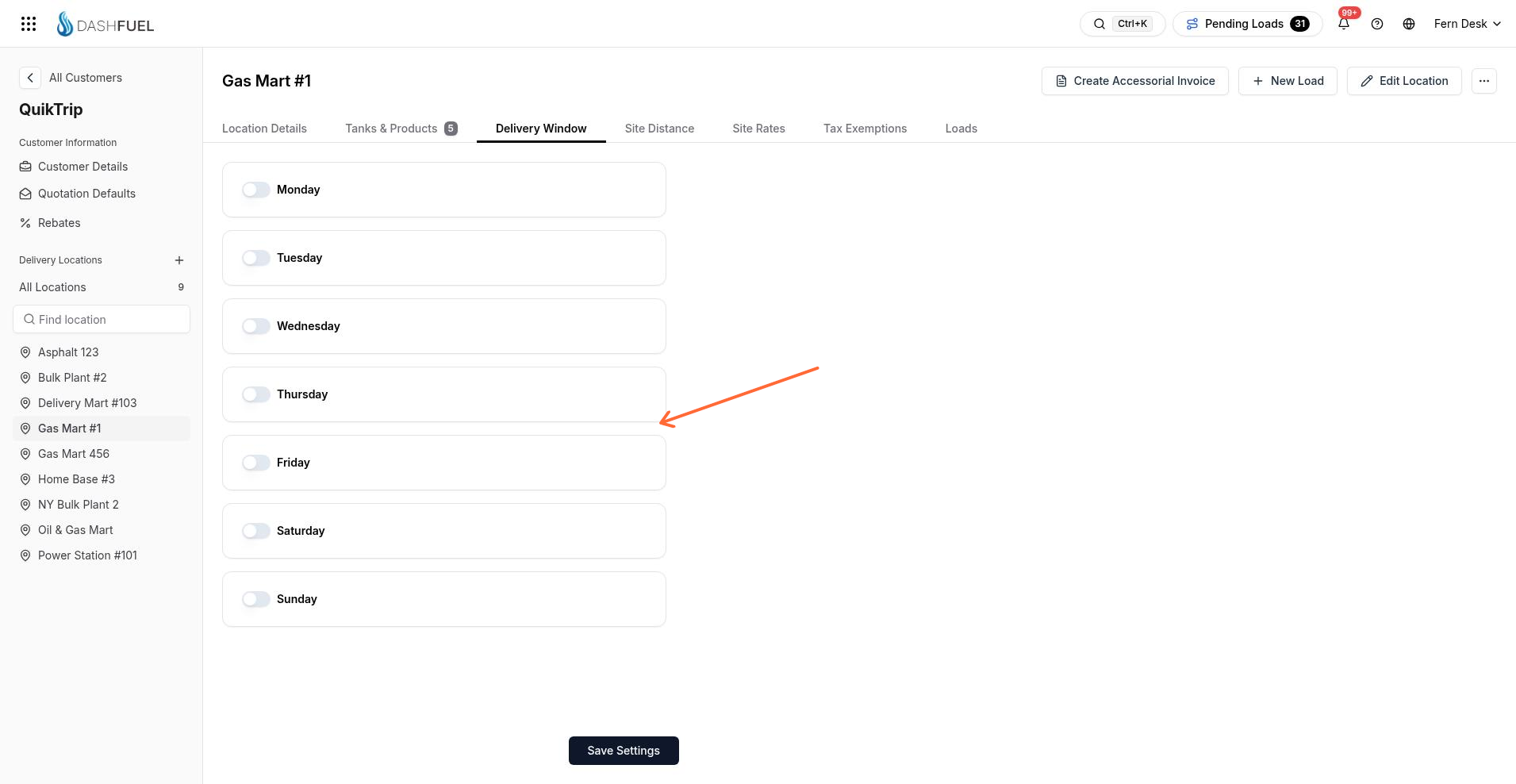 Delivery Window tab with weekday switches and Save Settings