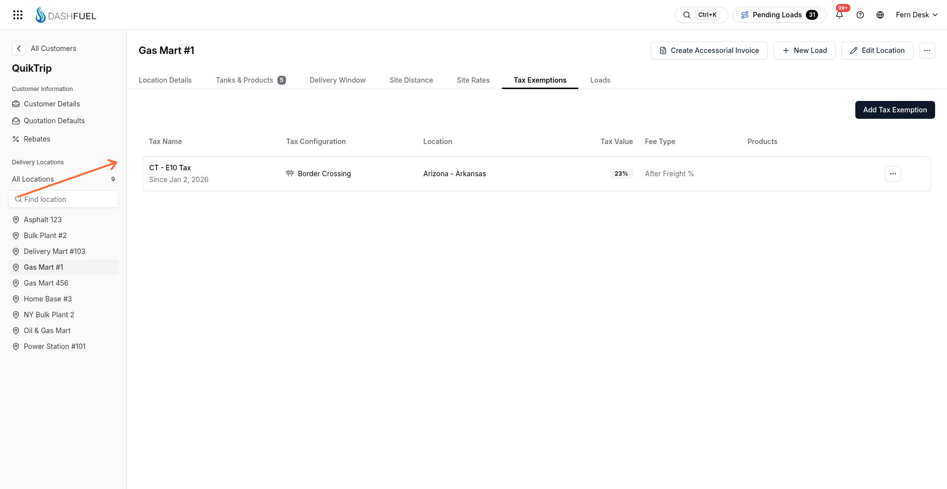 Tax Exemptions tab with Add Tax Exemption and exemptions table