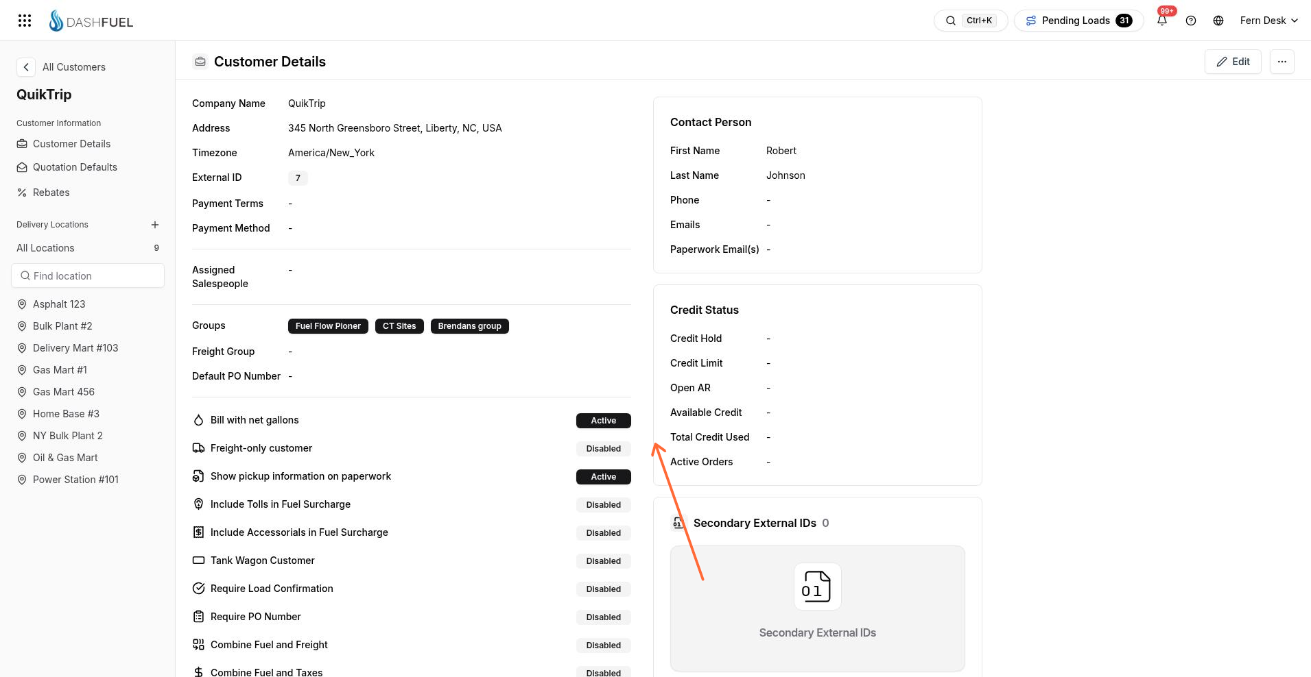 Customer Details page with Edit and main fields