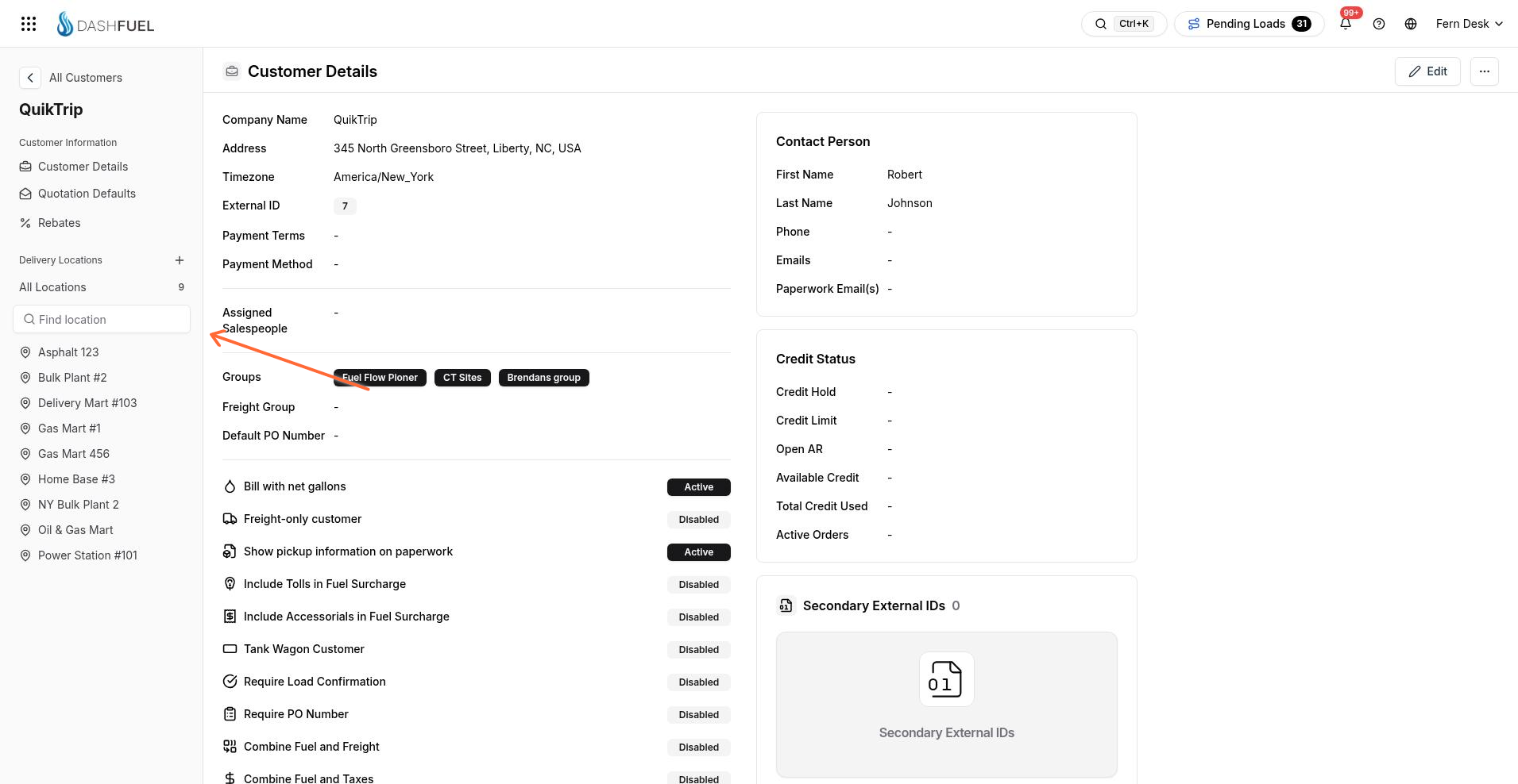 Delivery Locations sidebar with Add Location, All Locations, and Gas Mart #1