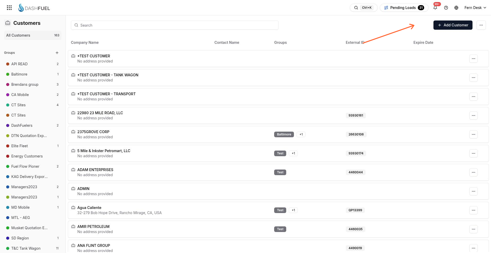 Customers list with Add Customer highlighted