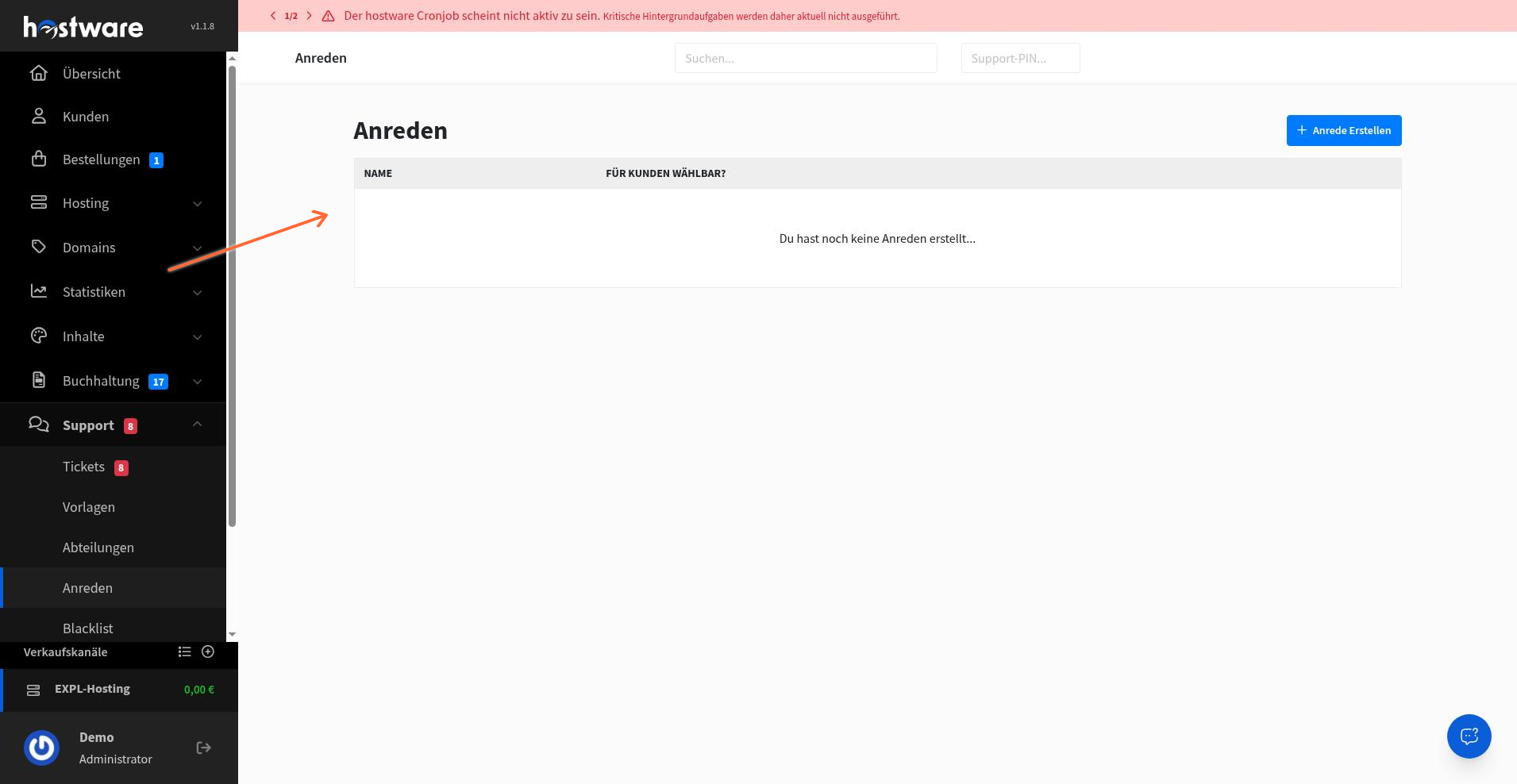 Liste der Anreden unter Support mit den Spalten Name und Für Kunden wählbar?