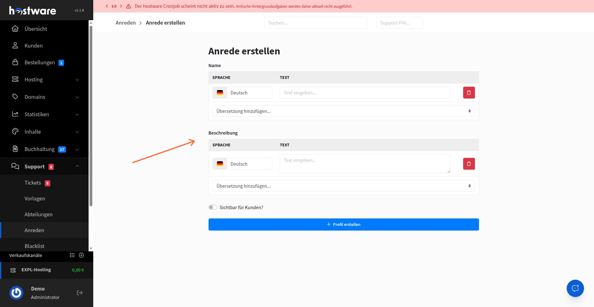 Formular Anrede erstellen mit Name, Beschreibung und Sichtbar für Kunden