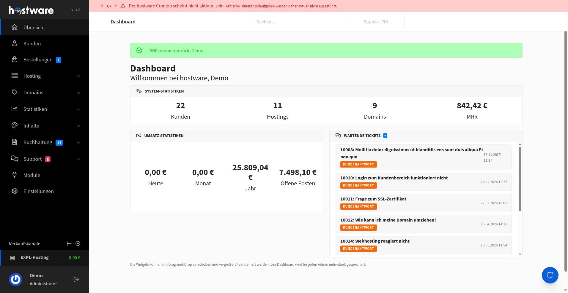 Admin-Dashboard mit System- und Umsatz-Statistiken