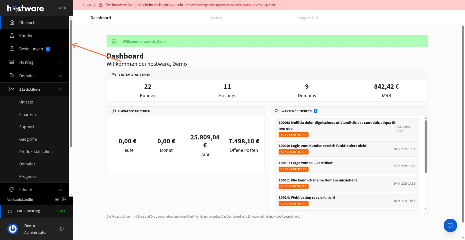 Untermenü Statistiken in der Administration