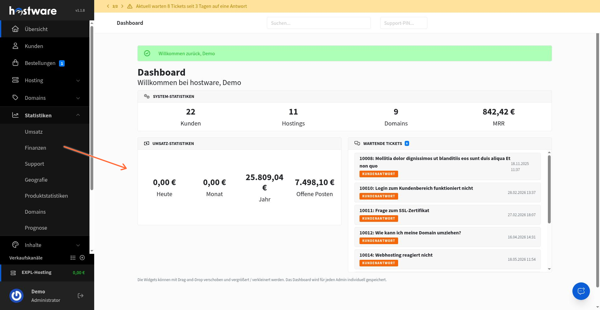 Hinweis zur individuellen Dashboard-Anordnung