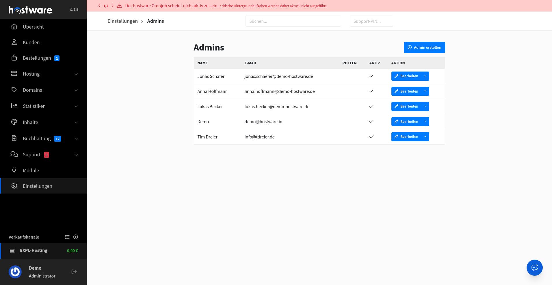 Admins-Liste mit Admin erstellen und Bearbeiten