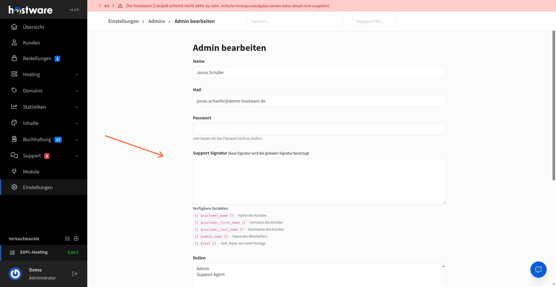 Formular Admin bearbeiten mit Name, Mail, Signatur und Rollen