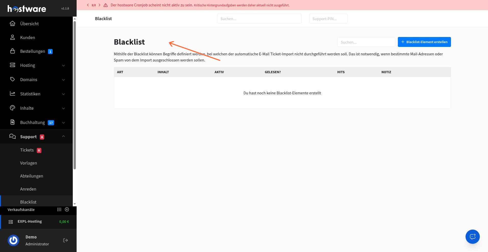 Support-Blacklist: leere Liste, Suche und Button Blacklist-Element erstellen