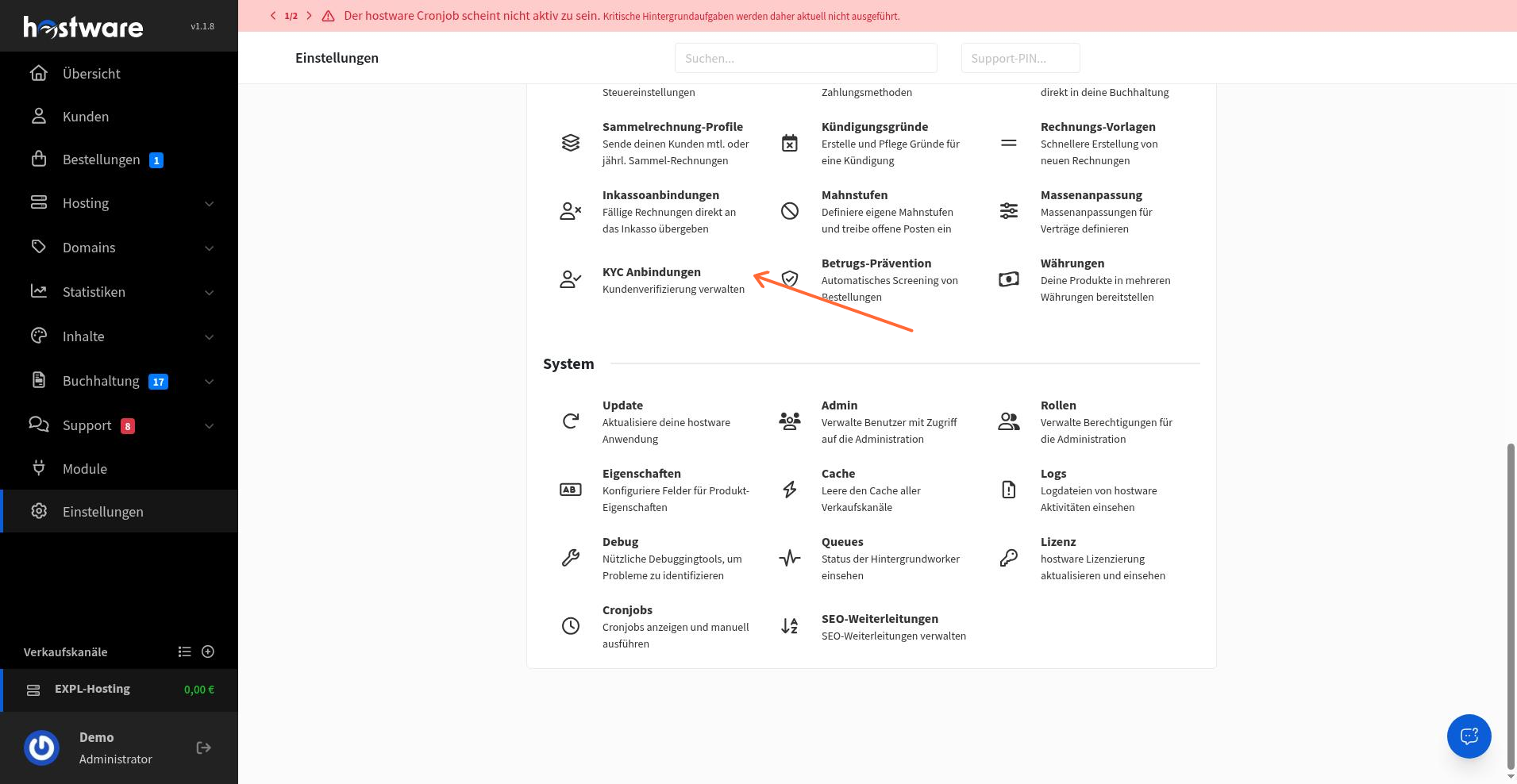 Einstellungen mit der Kachel KYC Anbindungen
