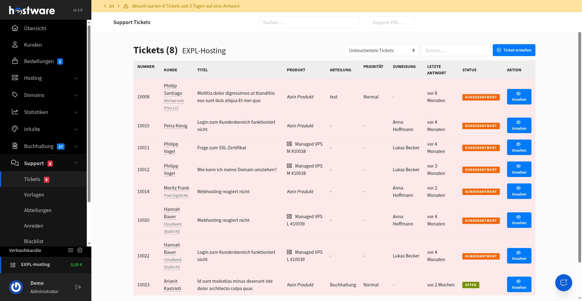 Ticket-Detailseite mit Titel, Tabs und Antwortbereich