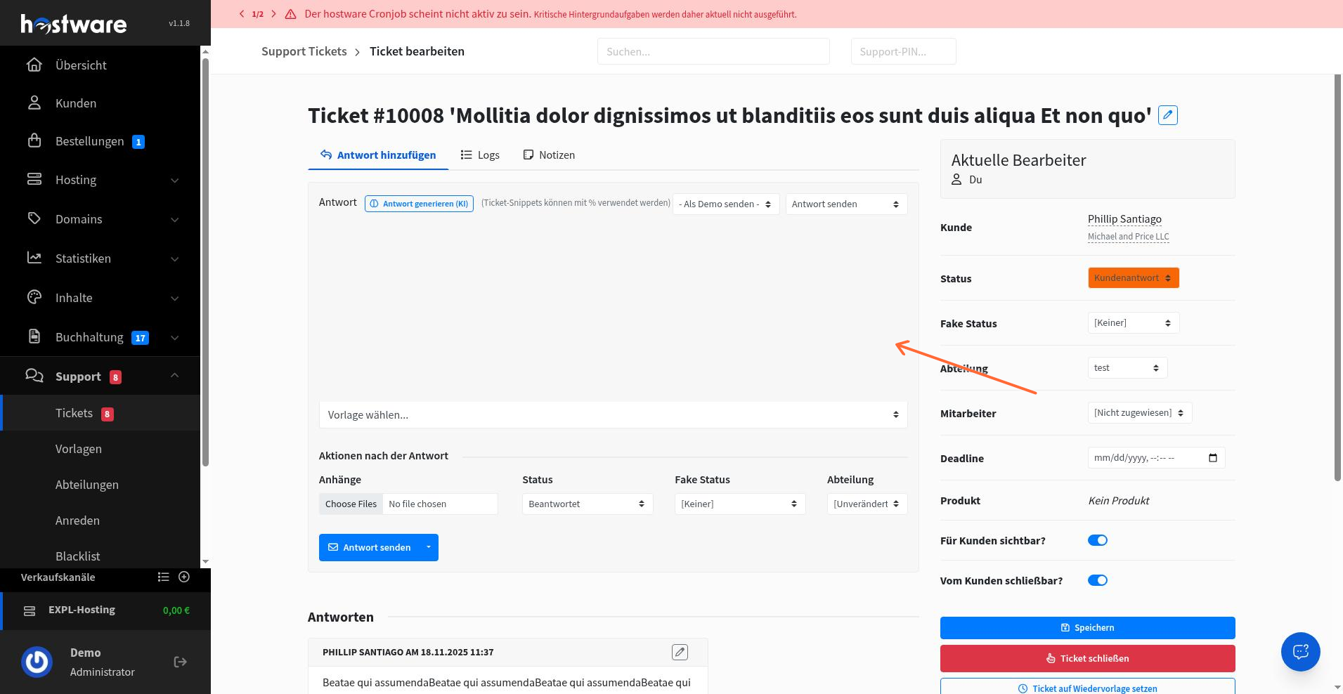 Antworteditor mit KI-Generierung, Vorlage, Snippets und Statusfeldern