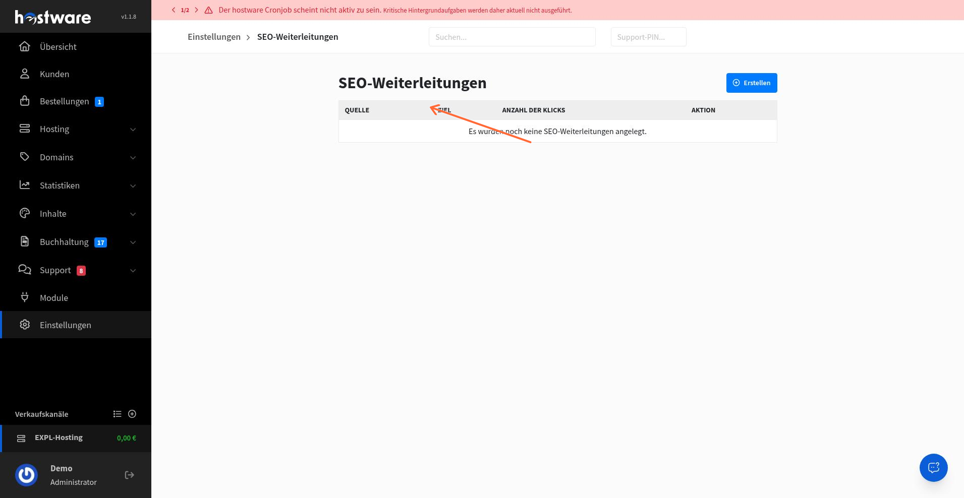 Übersicht der SEO-Weiterleitungen mit leerer Tabelle
