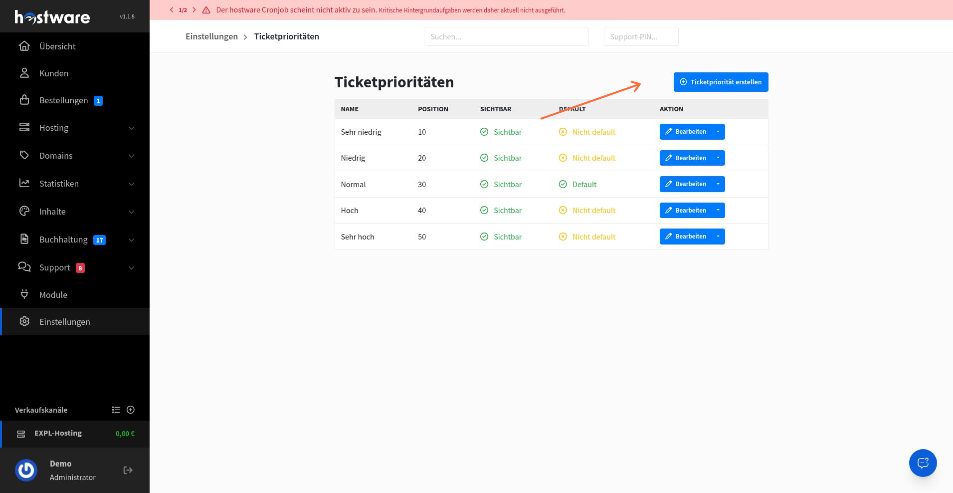Liste der Ticketprioritäten mit Spalten Name, Position, Sichtbar, Default und Aktion