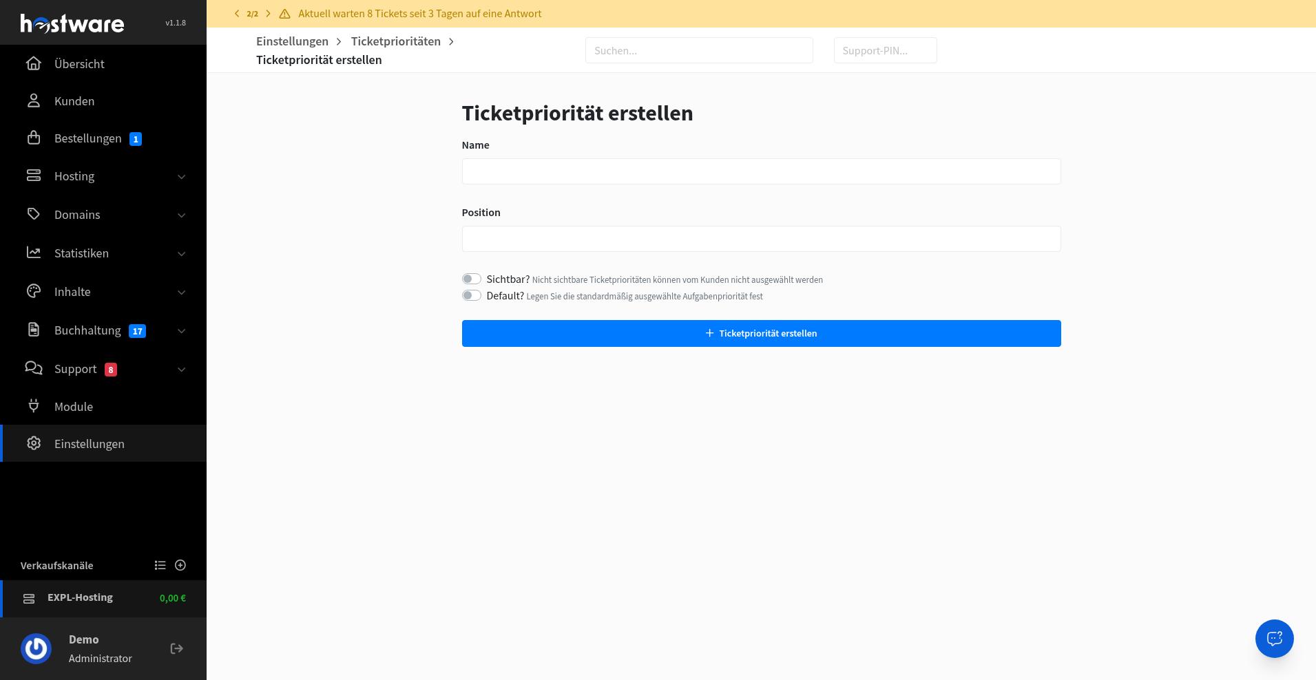 Formular Ticketpriorität erstellen mit Name, Position, Sichtbar und Default
