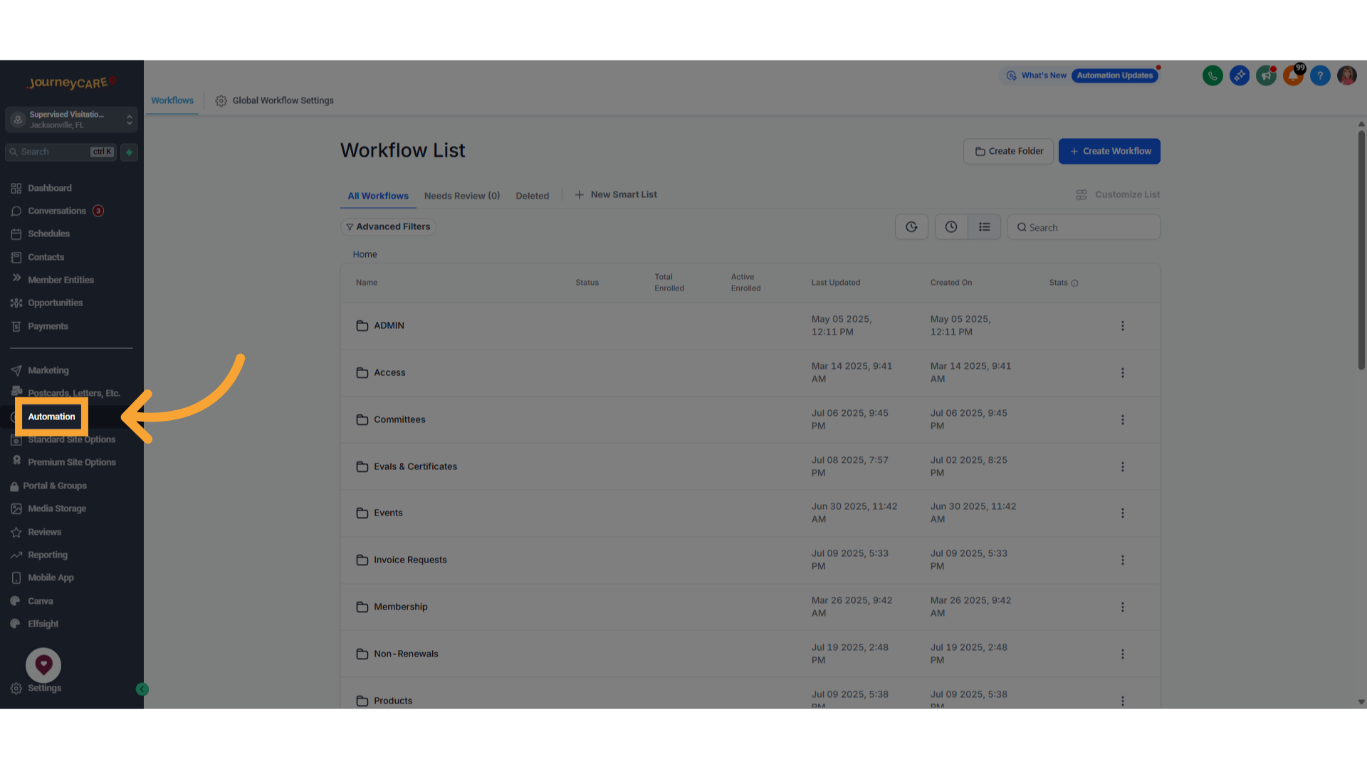 Automation in the left navigation