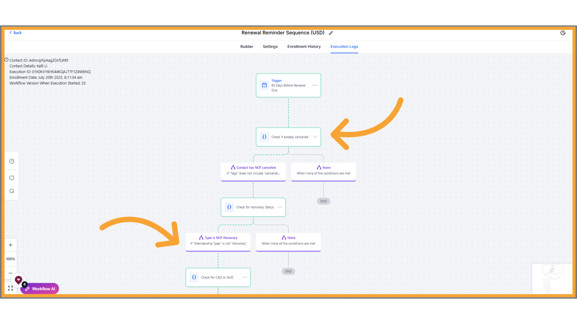 Contact path highlighted in the workflow