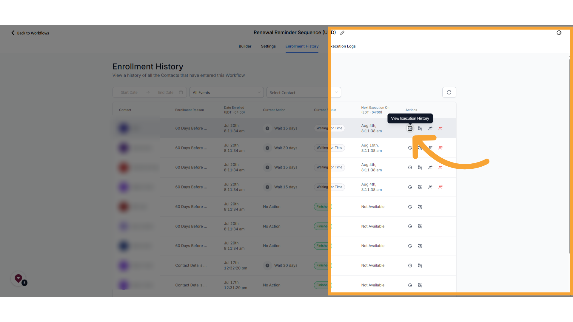 History icon in Enrollment History