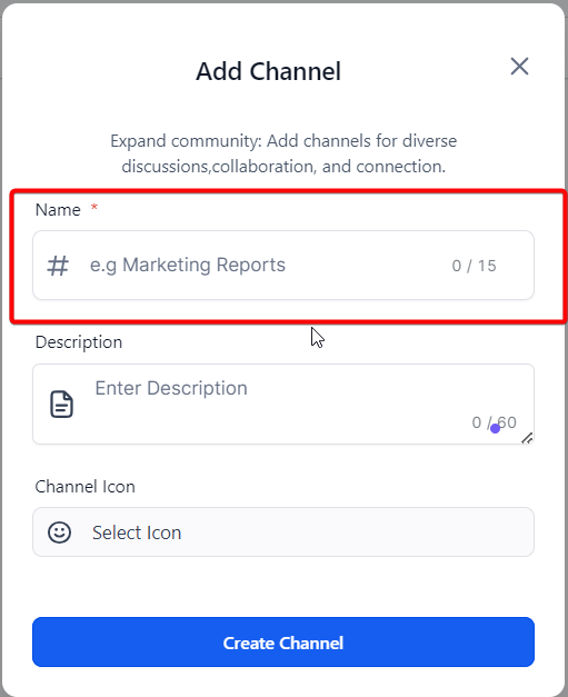 Channel name field in the Add Channel modal