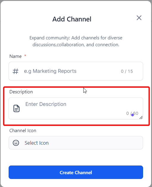 Channel description field in the Add Channel modal