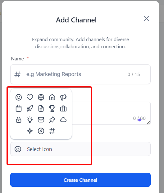 Channel icon options in the Add Channel modal