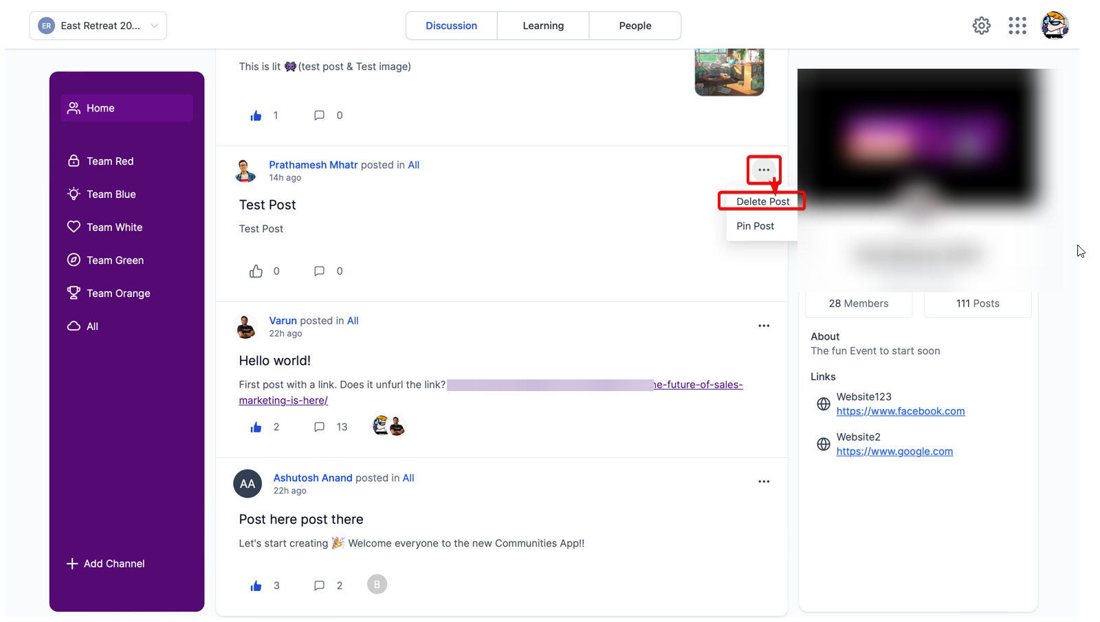 Three-dots menu with Delete Post option