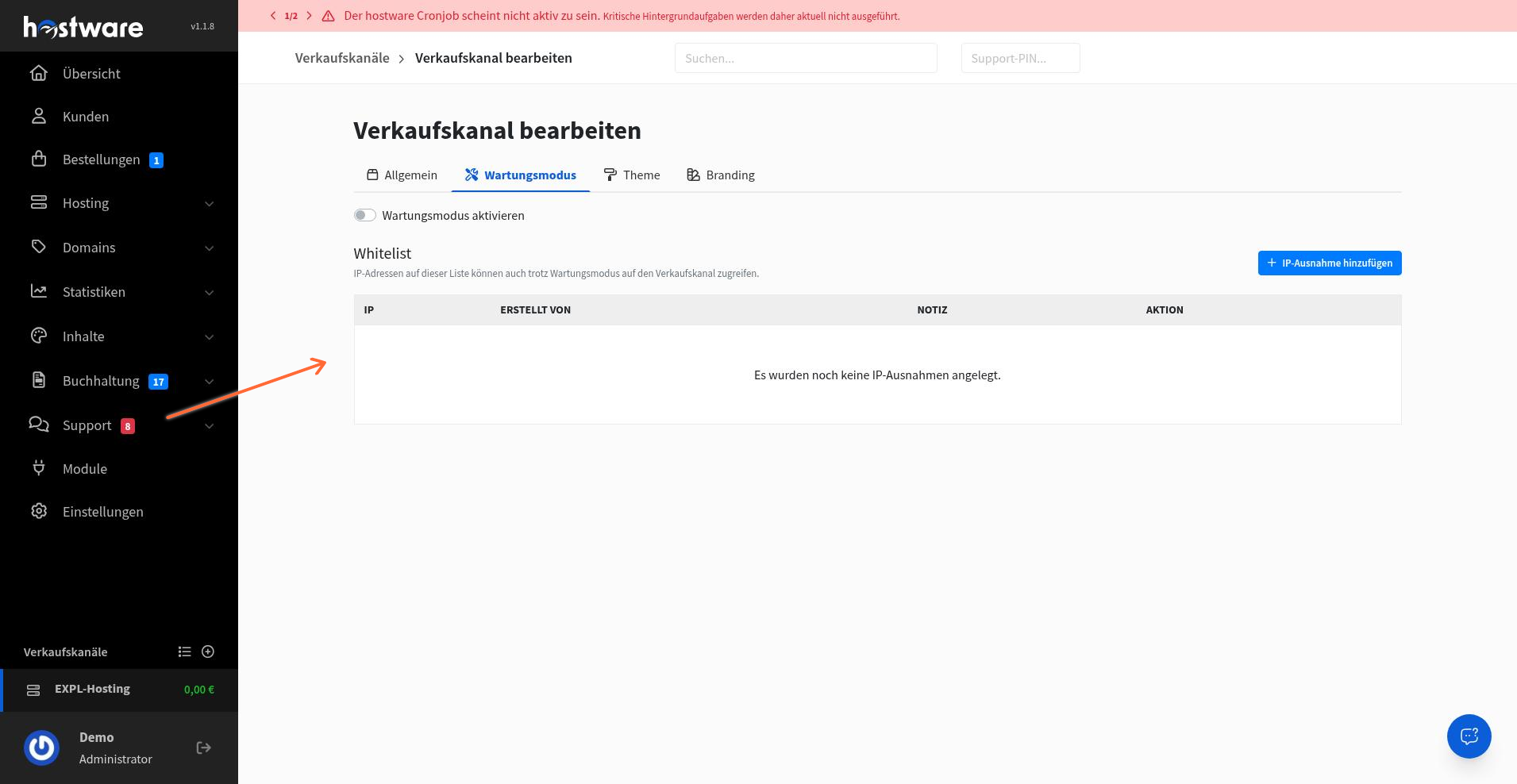 Tab Wartungsmodus mit Checkbox und Whitelist