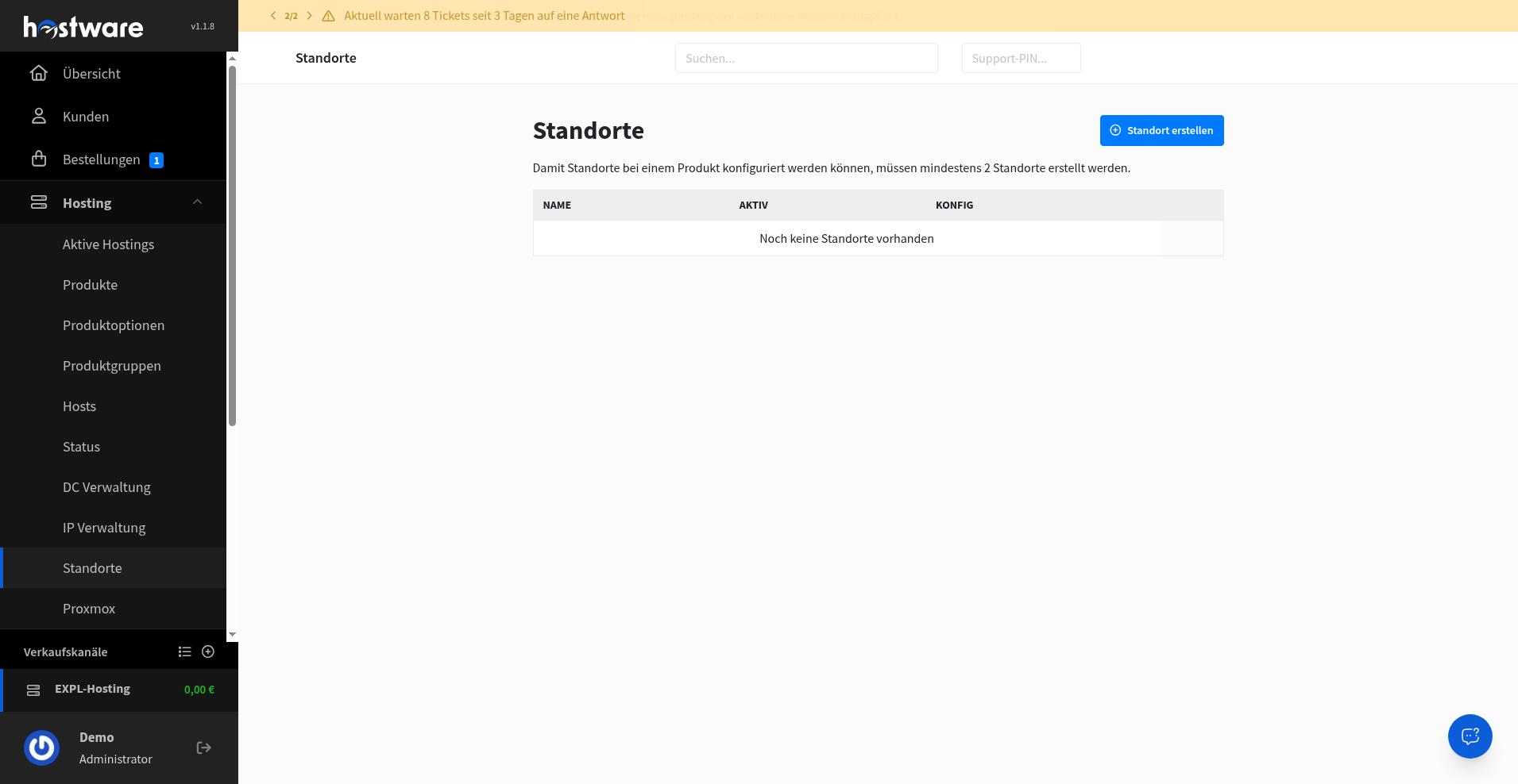 Seite Standorte mit Hinweis auf die Zwei-Standorte-Voraussetzung und leerer Liste