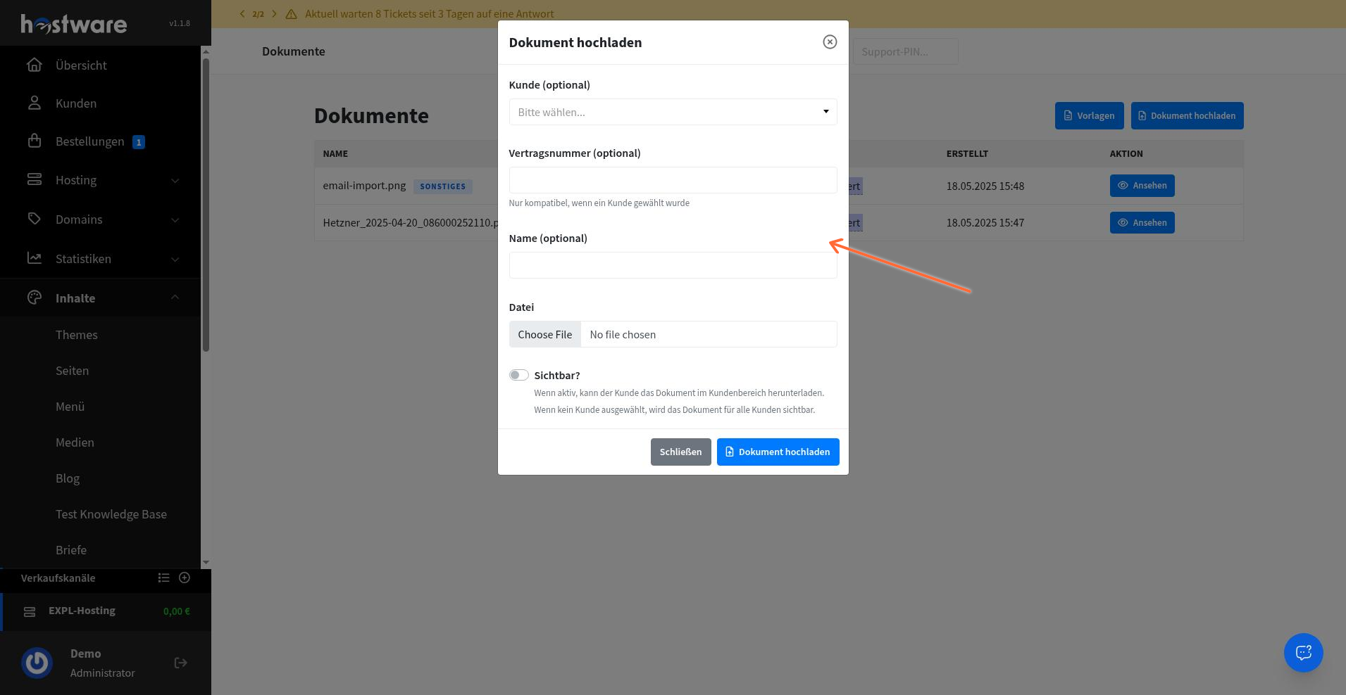 Dialog Dokument hochladen mit Feldern Kunde, Vertragsnummer, Name, Datei und Sichtbar
