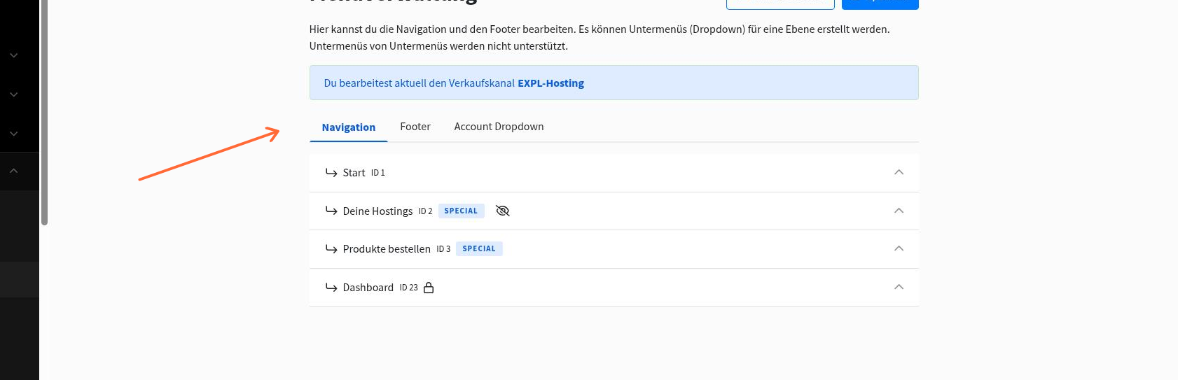Menüverwaltung mit Bereichen Navigation, Footer und Account Dropdown