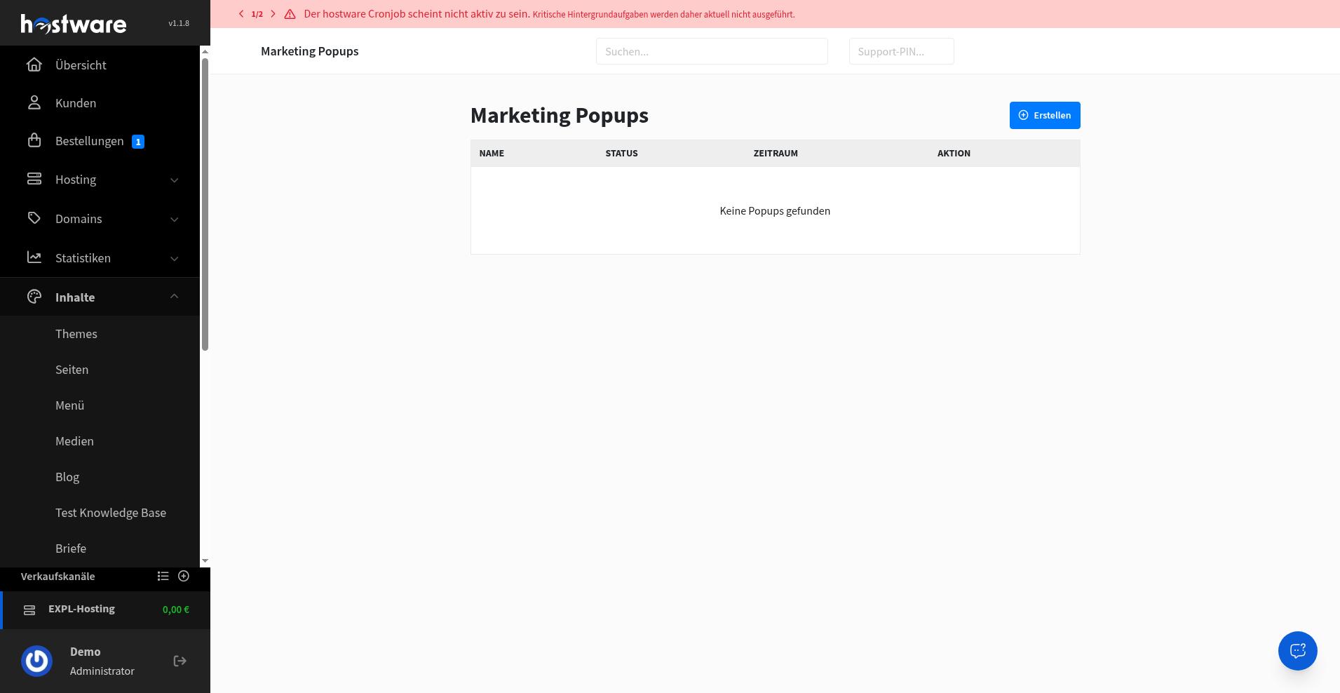 Marketing Popups Übersicht mit leerem Zustand und Schaltfläche Erstellen