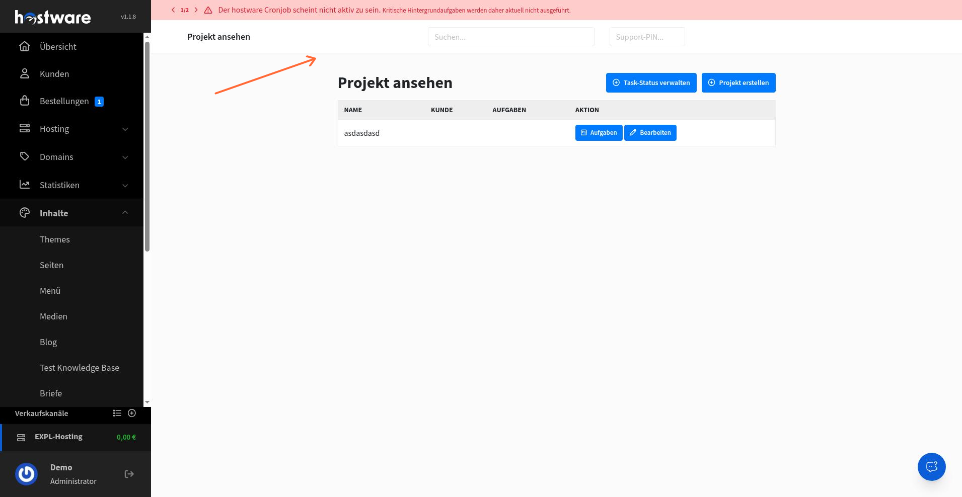 Projektliste mit Schaltflächen Projekt erstellen und Task-Status verwalten sowie den Spalten Name, Kunde, Aufgaben und Aktion