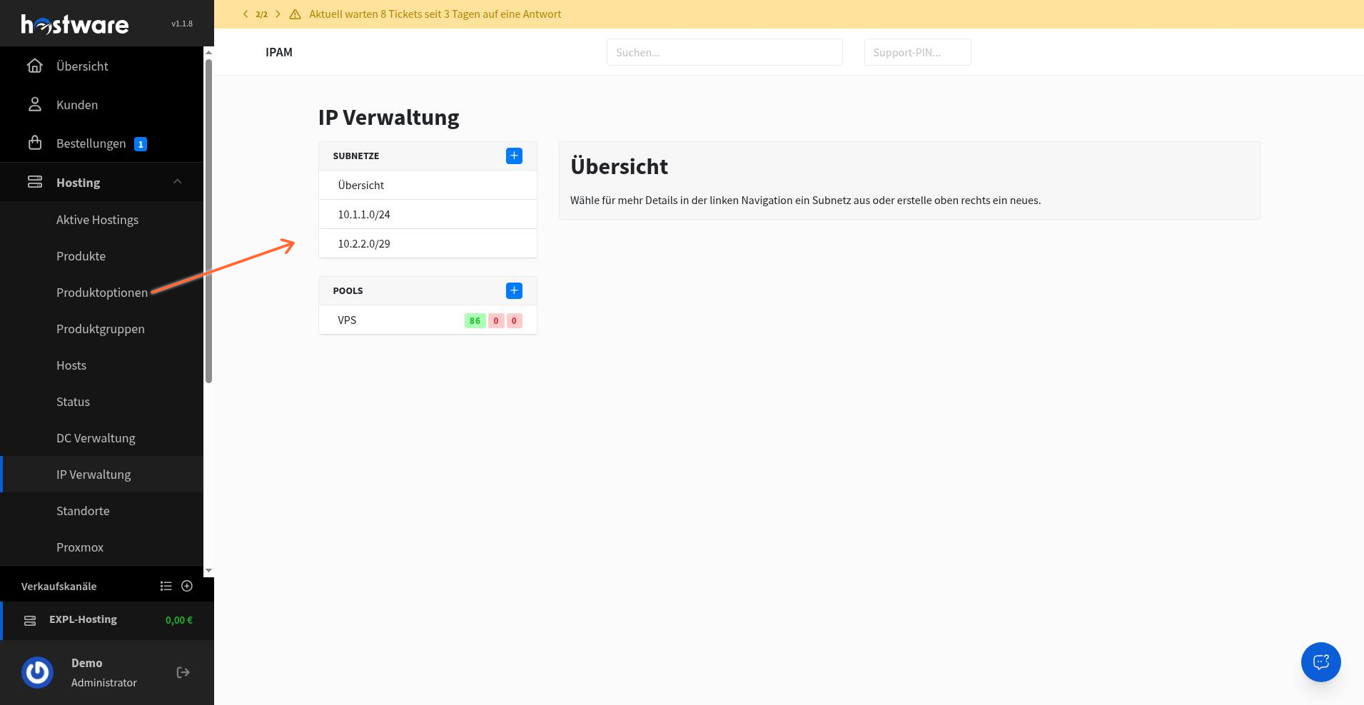 IP Verwaltung mit den Bereichen Subnetze und Pools