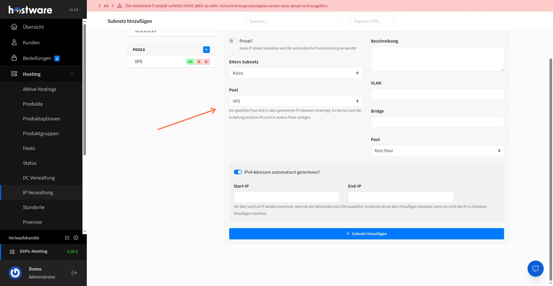 Formular Subnetz hinzufügen mit Pool- und IP-Generierungsfeldern