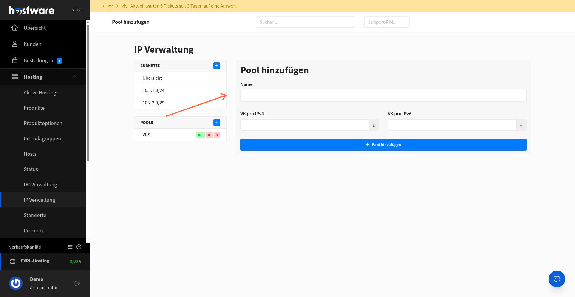 Formular Pool hinzufügen mit Name und VK-Feldern