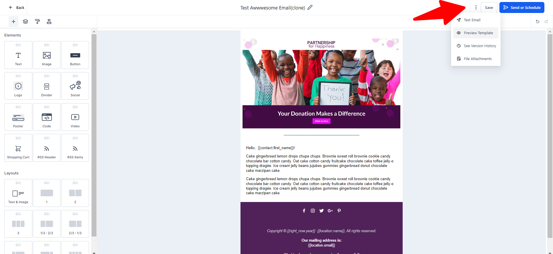 Test Email option in the email editor menu