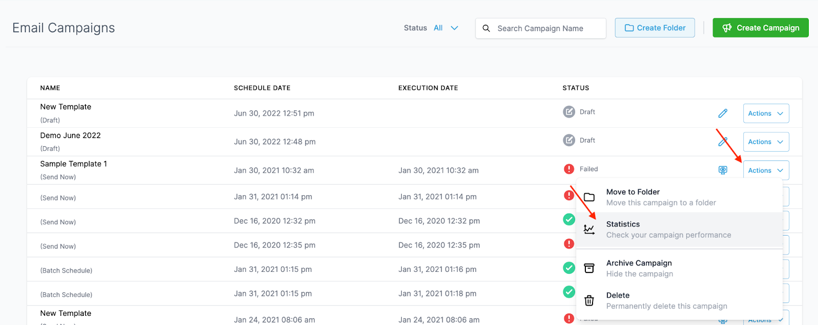 Actions dropdown with Statistics selected for an email campaign