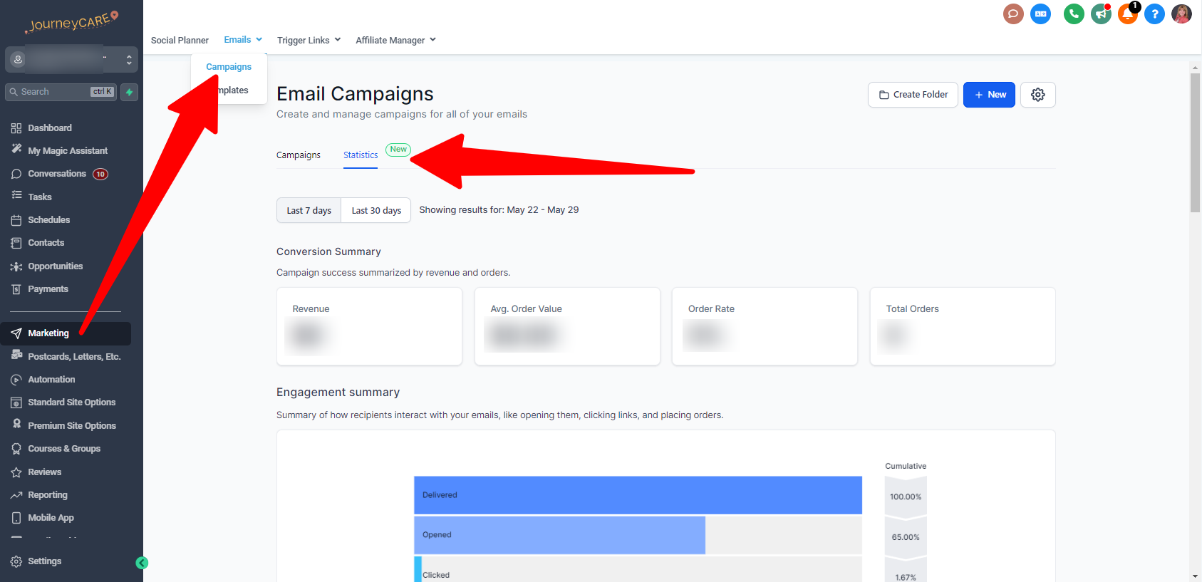 Marketing Email Campaigns Statistics navigation