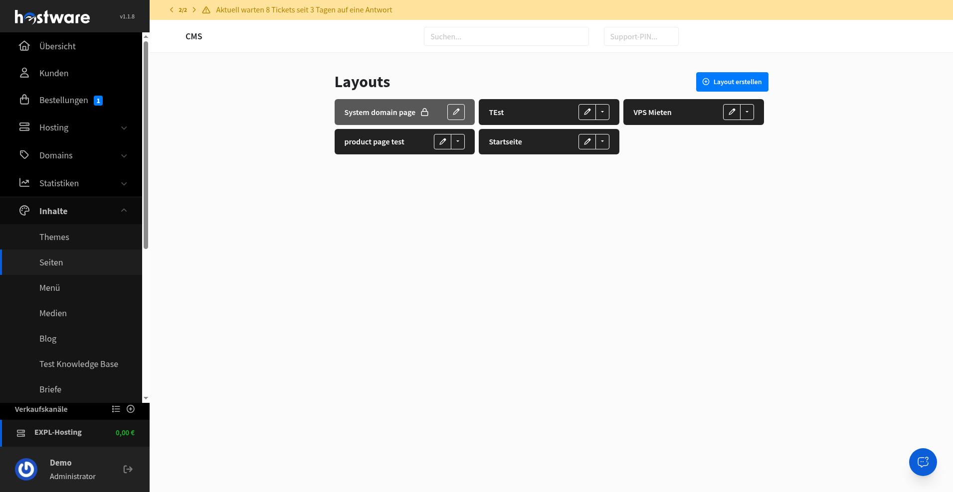 Layouts-Liste unter Inhalte → Seiten mit der Schaltfläche Layout erstellen