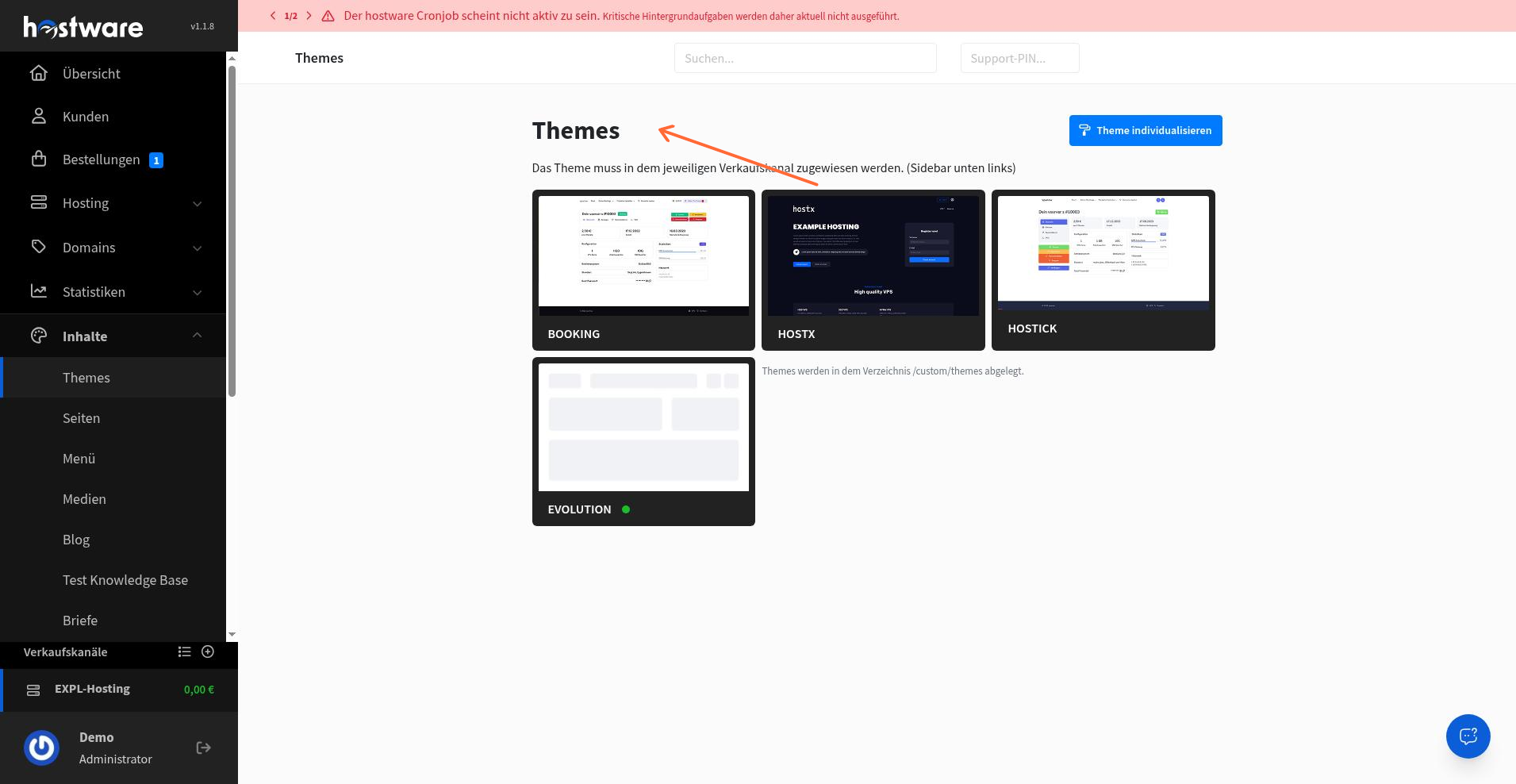 Themes-Übersicht mit BOOKING, HOSTX, HOSTICK und EVOLUTION
