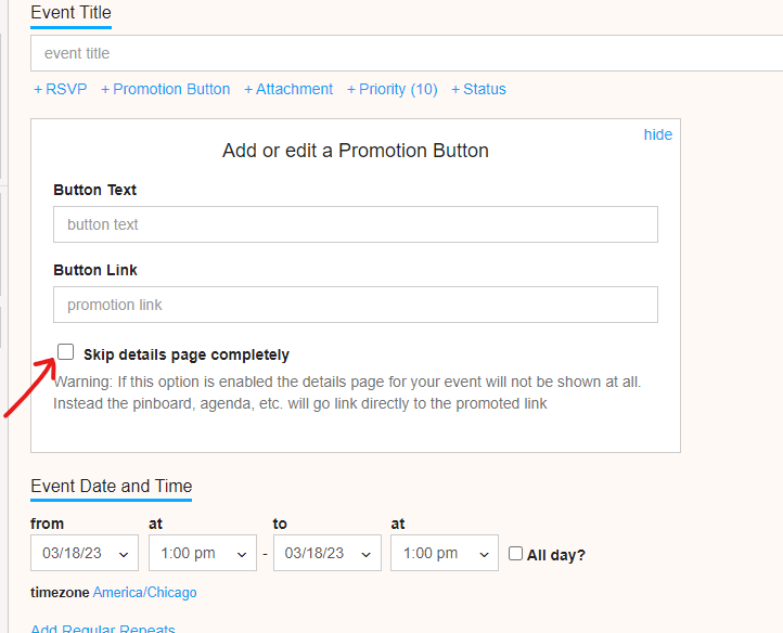 Event promotion button and skip details option