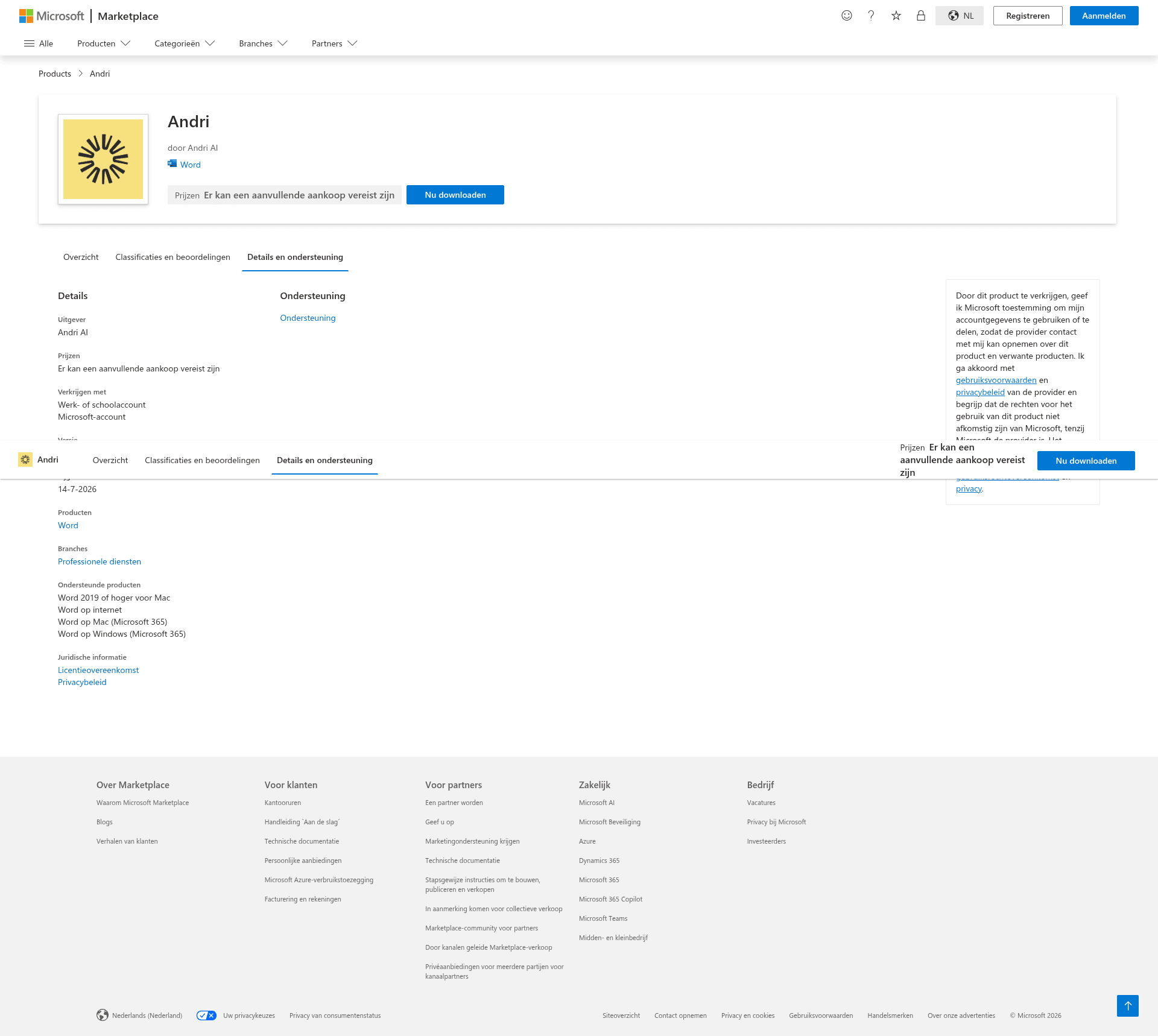 Microsoft Marketplace details and support for Andri for Word