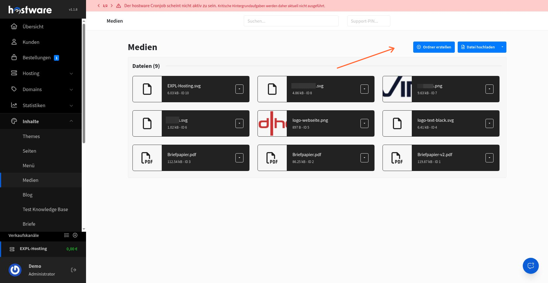 Medienübersicht mit Dateien und den Buttons Ordner erstellen und Datei hochladen