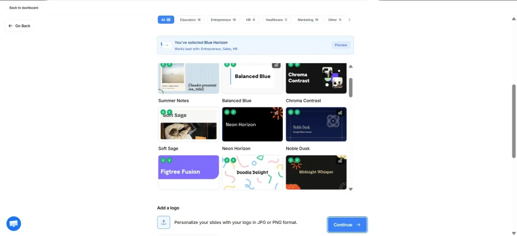 Select a presentation template and visual preferences