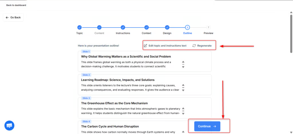 Review the generated outline
