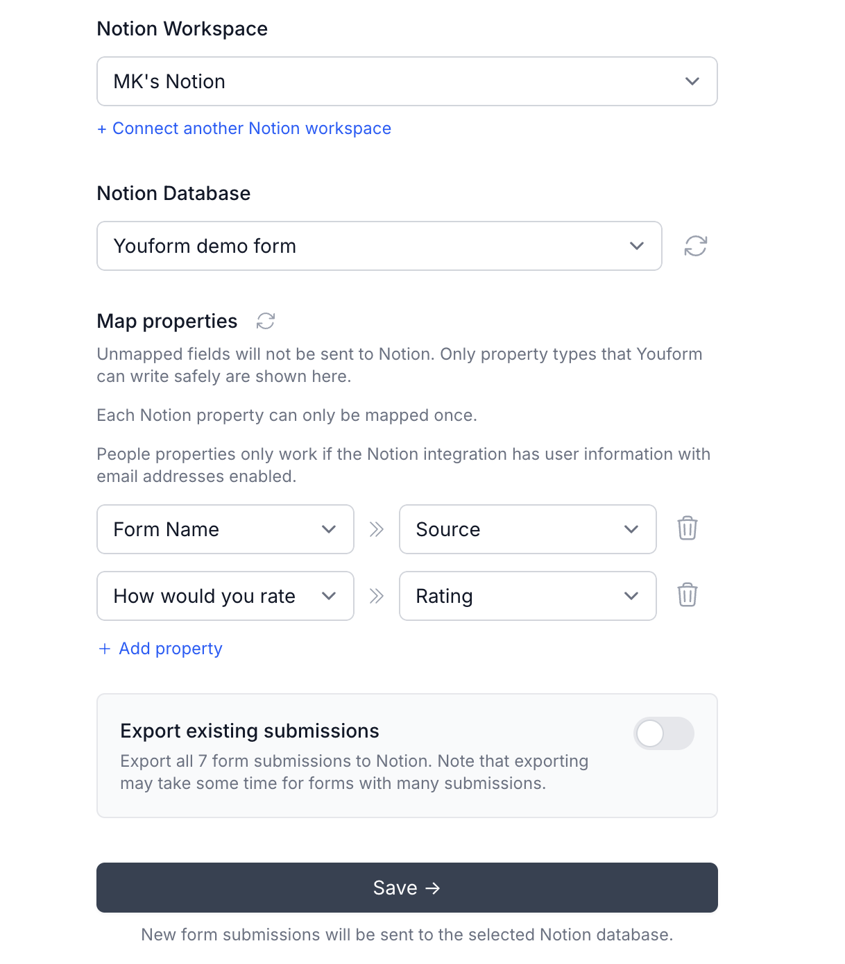 Map your Youform fields with Notion database fields