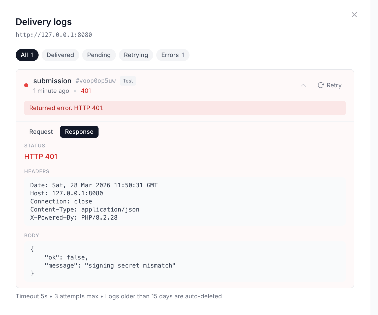 A sample log saying why a webhook failed - 401 HTTP code with signing secret mismatch