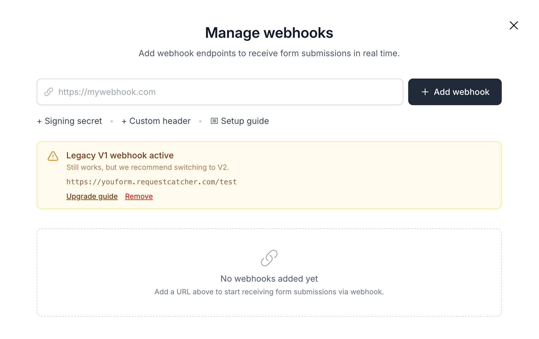 Add new webhook by following the v2 webhook guide then remove the legacy one.